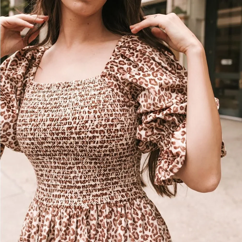 Ivy City Co. Wild One Smocked Boddice Leopard Print Puff Sleeve Velvet Dress